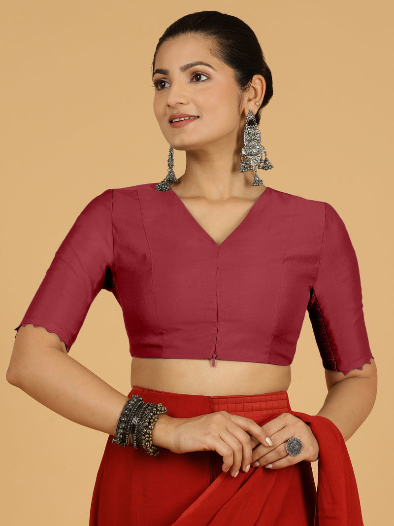 Divya x Rozaana | Elbow Sleeves Saree Blouse in Scarlet Red-Binks