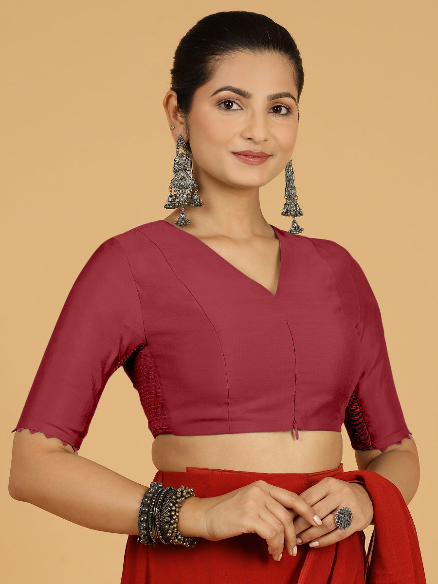 Divya x Rozaana Saree Blouse, in Red Viscose, featuring elbow sleeves and v-neckline, made for daily & work (view 7).