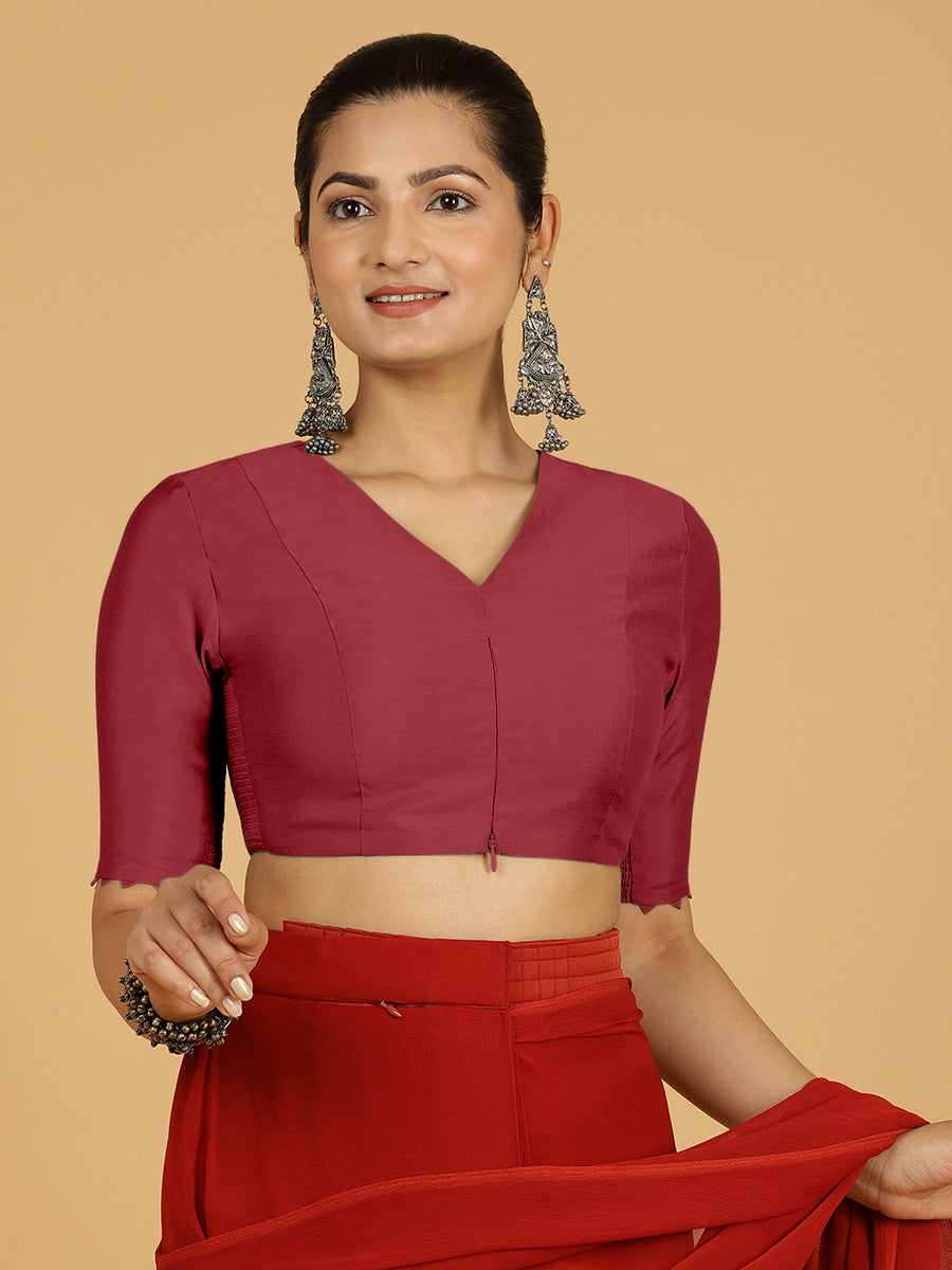 Divya x Rozaana Saree Blouse, in Red Viscose, featuring elbow sleeves and v-neckline, made for daily & work (view 8).