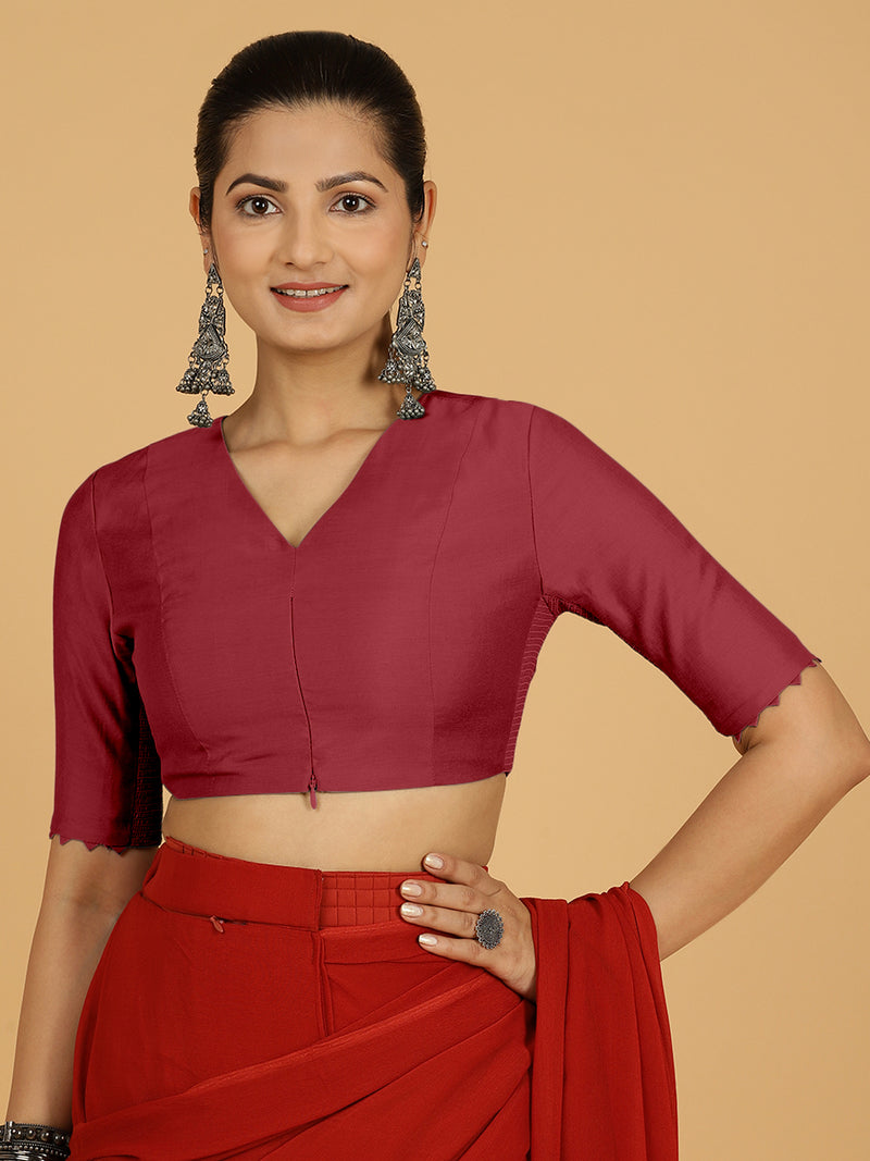 Divya x Rozaana | Elbow Sleeves Saree Blouse in Scarlet Red-Binks