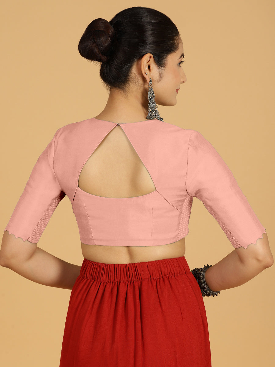 Divya x Rozaana Saree Blouse, in Pink Viscose, featuring elbow sleeves and v-neckline, made for daily & work (view 2).