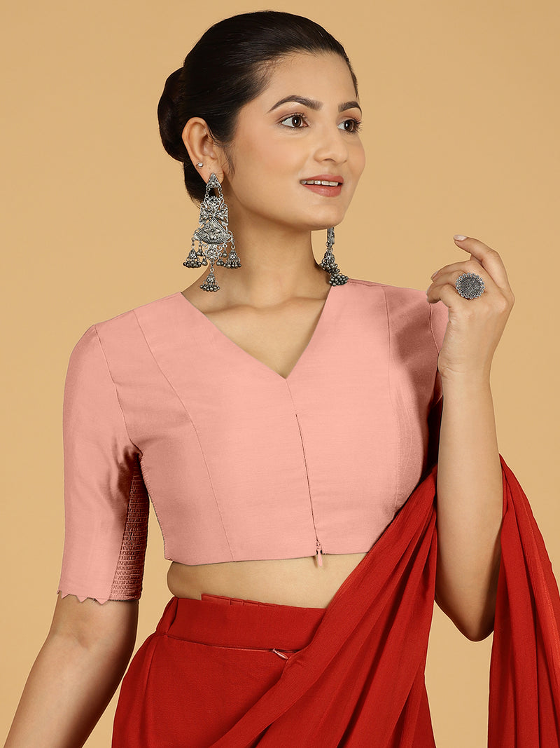 Divya x Rozaana | Elbow Sleeves Saree Blouse in Sea Pink-Binks