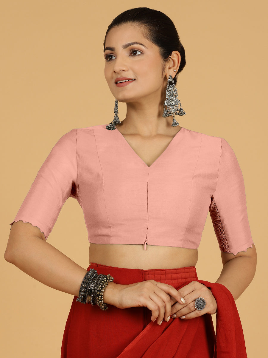 Divya x Rozaana Saree Blouse, in Pink Viscose, featuring elbow sleeves and v-neckline, made for daily & work (view 8).