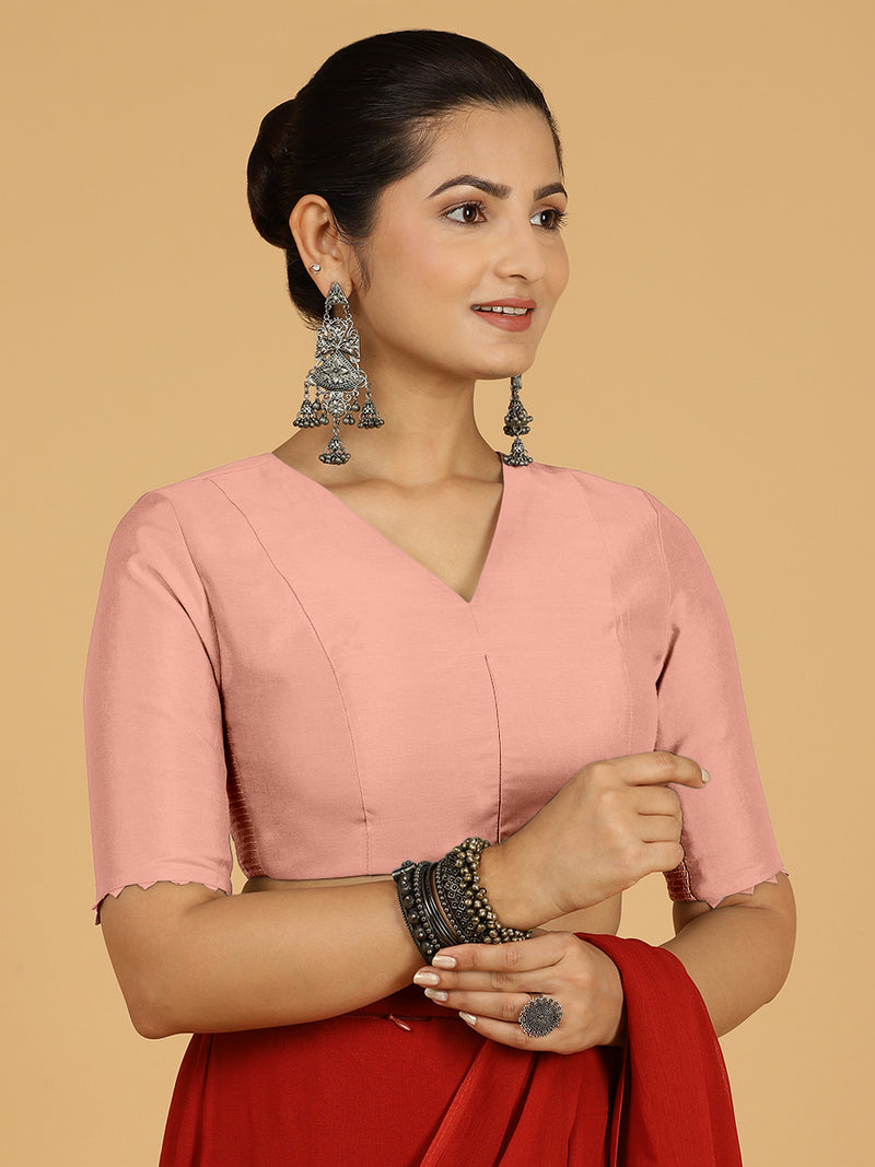 Divya x Rozaana | Elbow Sleeves Saree Blouse in Sea Pink-Binks