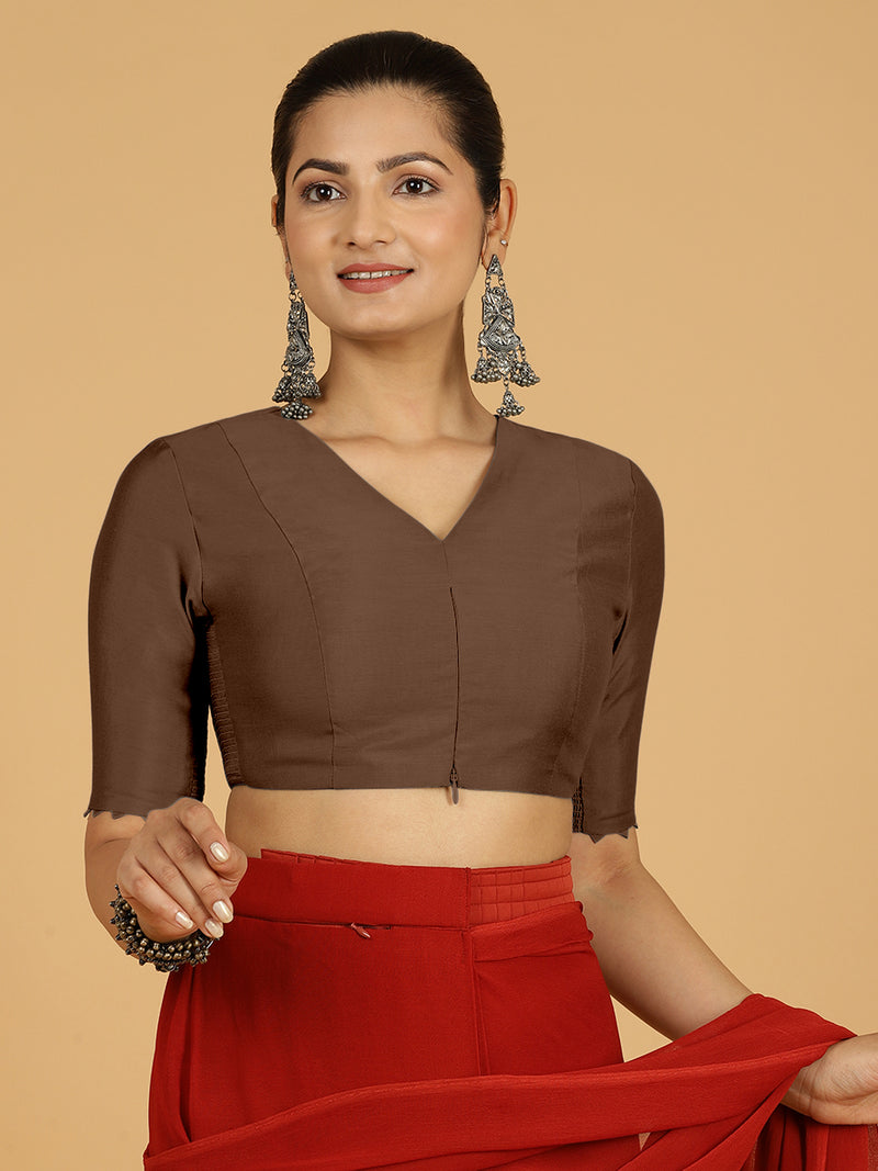 Divya x Rozaana | Elbow Sleeves Saree Blouse in Walnut Brown-Binks
