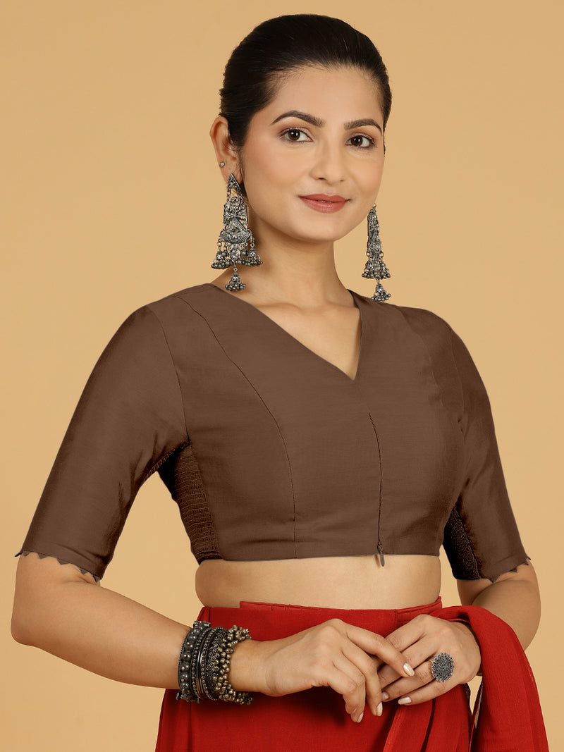 Divya x Rozaana | Elbow Sleeves Saree Blouse in Walnut Brown-Binks