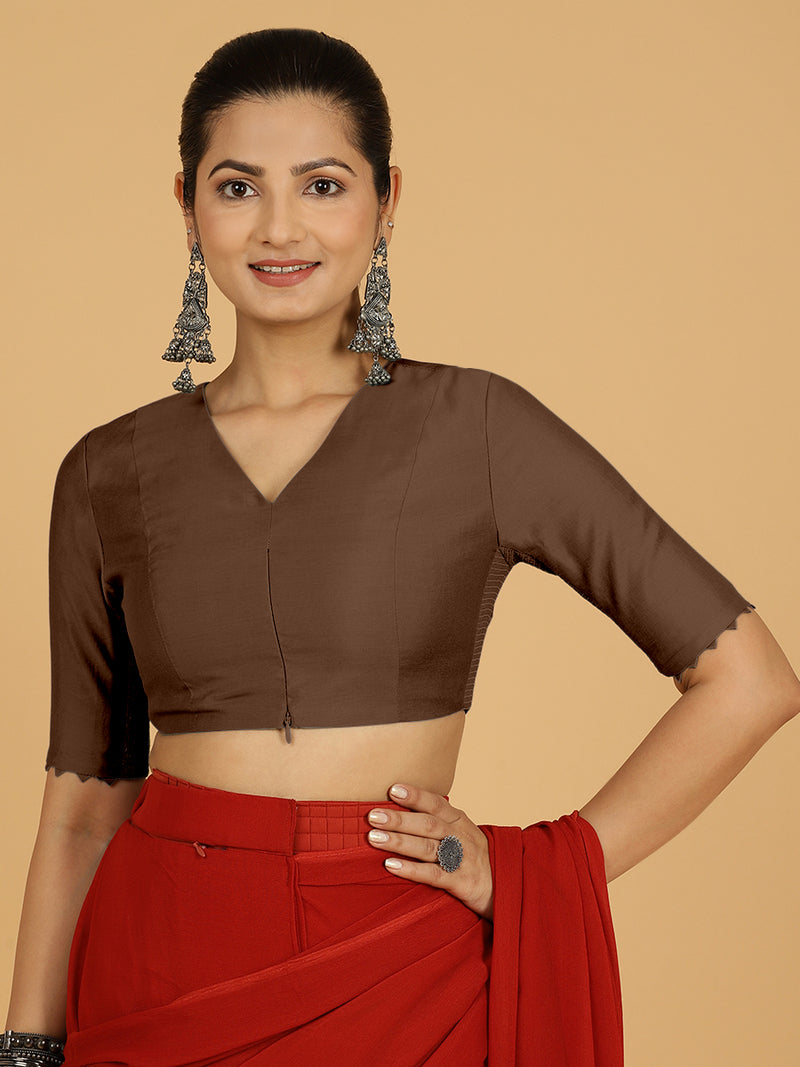 Divya x Rozaana | Elbow Sleeves Saree Blouse in Walnut Brown-Binks
