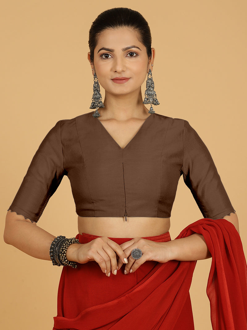 Divya x Rozaana | Elbow Sleeves Saree Blouse in Walnut Brown-Binks