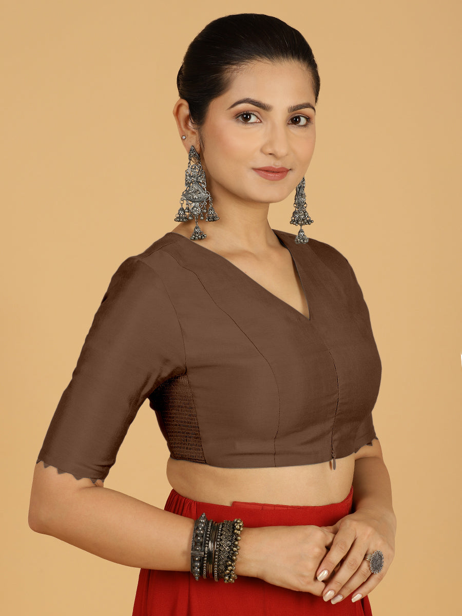 Divya x Rozaana Saree Blouse, in Brown Viscose, featuring elbow sleeves and v-neckline, made for daily & work (view 6).