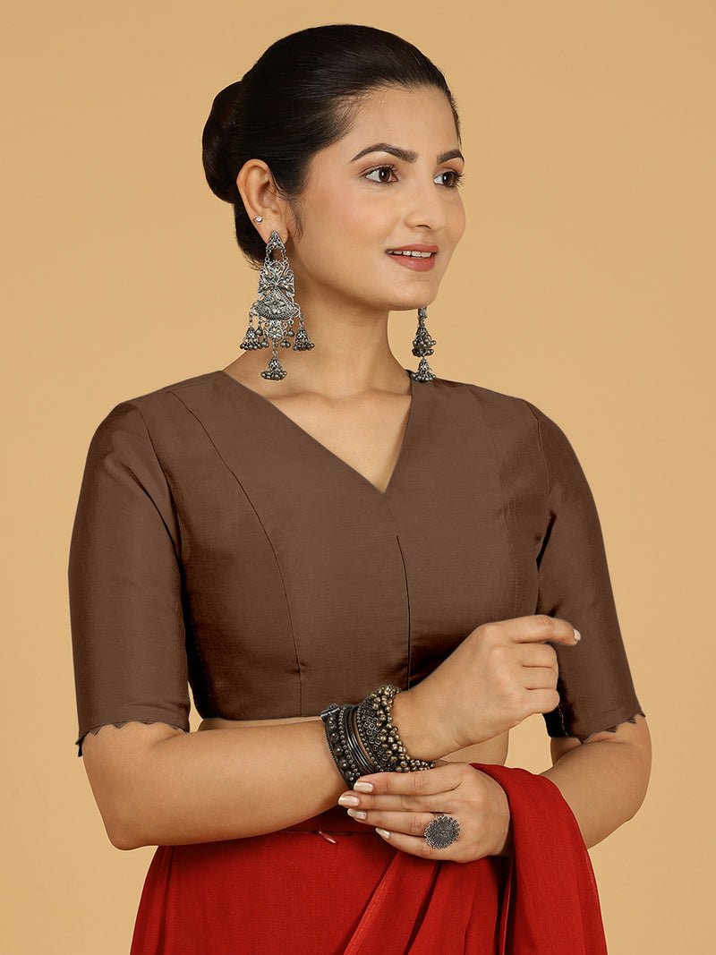 Divya x Rozaana | Elbow Sleeves Saree Blouse in Walnut Brown-Binks