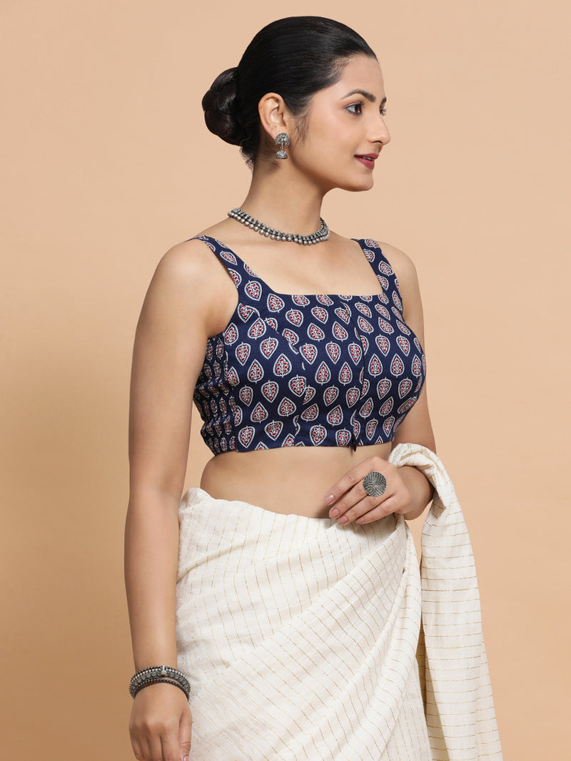 Ekta x Rozaana | Sleeveless Cotton Saree Blouse in Indigo Blue Spade Block Print Fabric-Binks