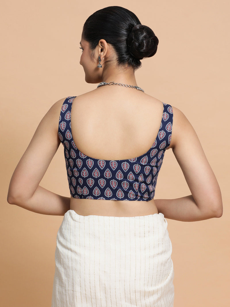 Ekta x Rozaana | Sleeveless Cotton Saree Blouse in Indigo Blue Spade Block Print Fabric-Binks