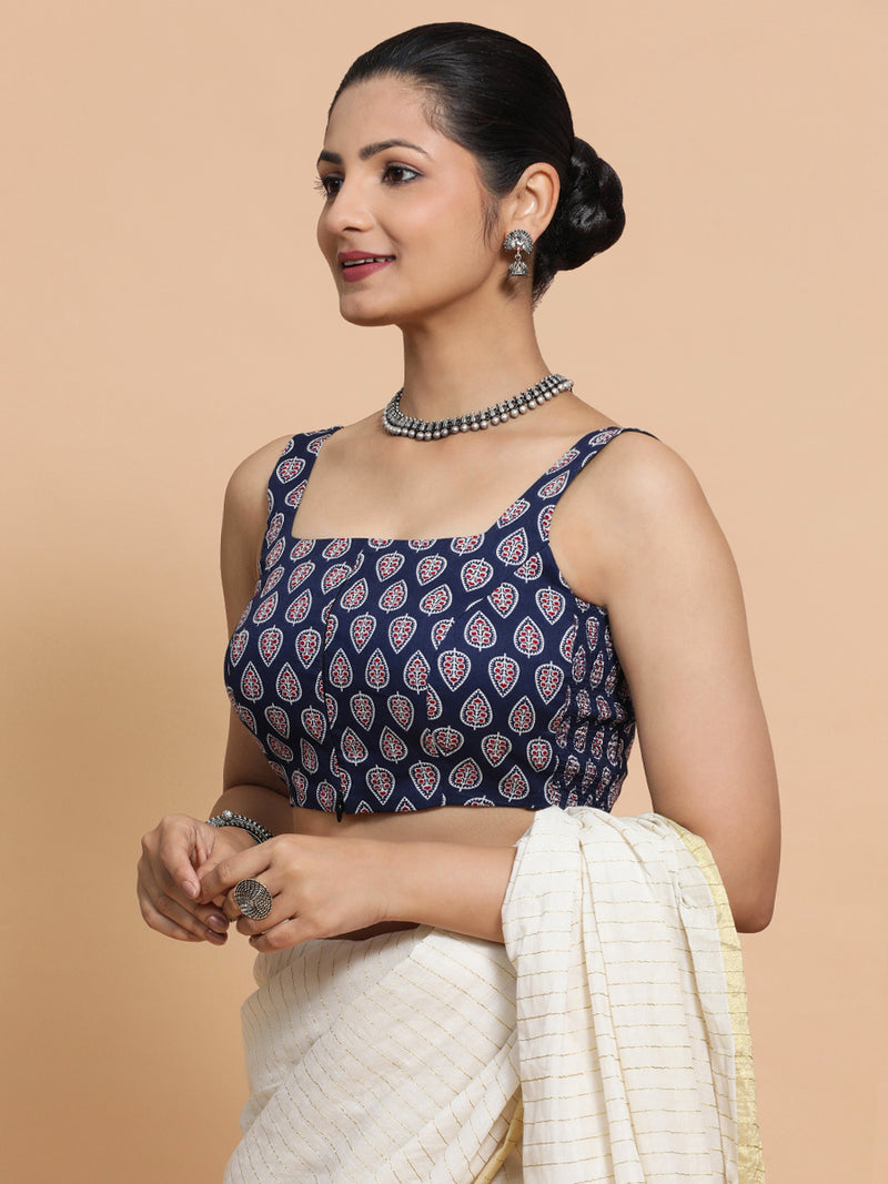 Ekta x Rozaana | Sleeveless Cotton Saree Blouse in Indigo Blue Spade Block Print Fabric-Binks