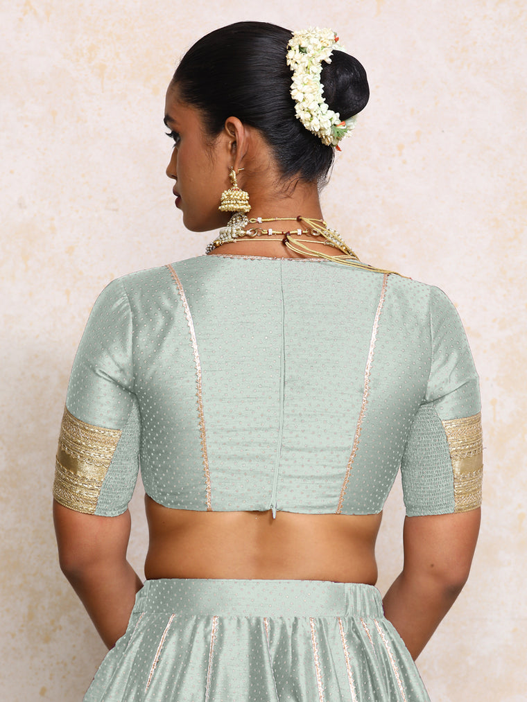 Elira x Tyohaar Saree Blouse, in Blue Chandheri, featuring elbow sleeves and v-neckline, made for party & festive (view 2).
