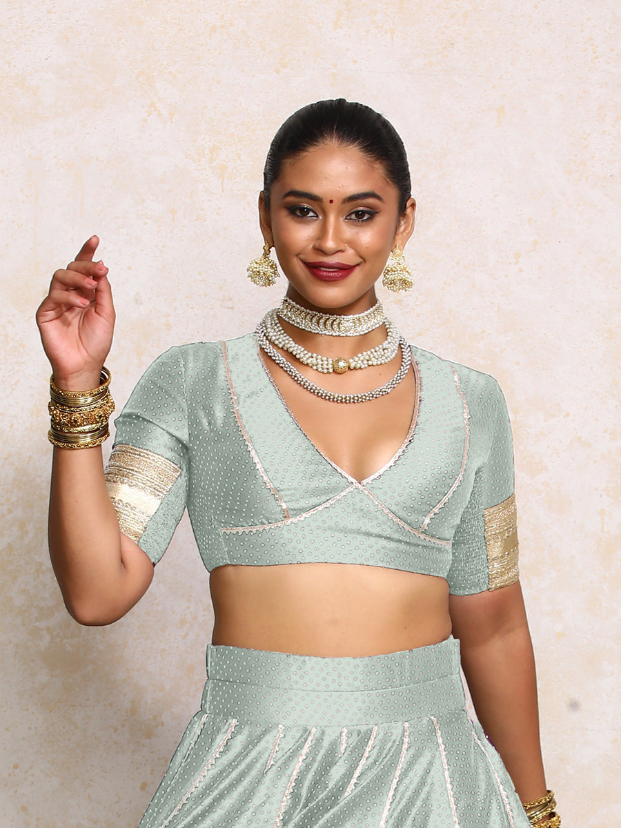 Elira x Tyohaar Saree Blouse, in Blue Chandheri, featuring elbow sleeves and v-neckline, made for party & festive (view 6).