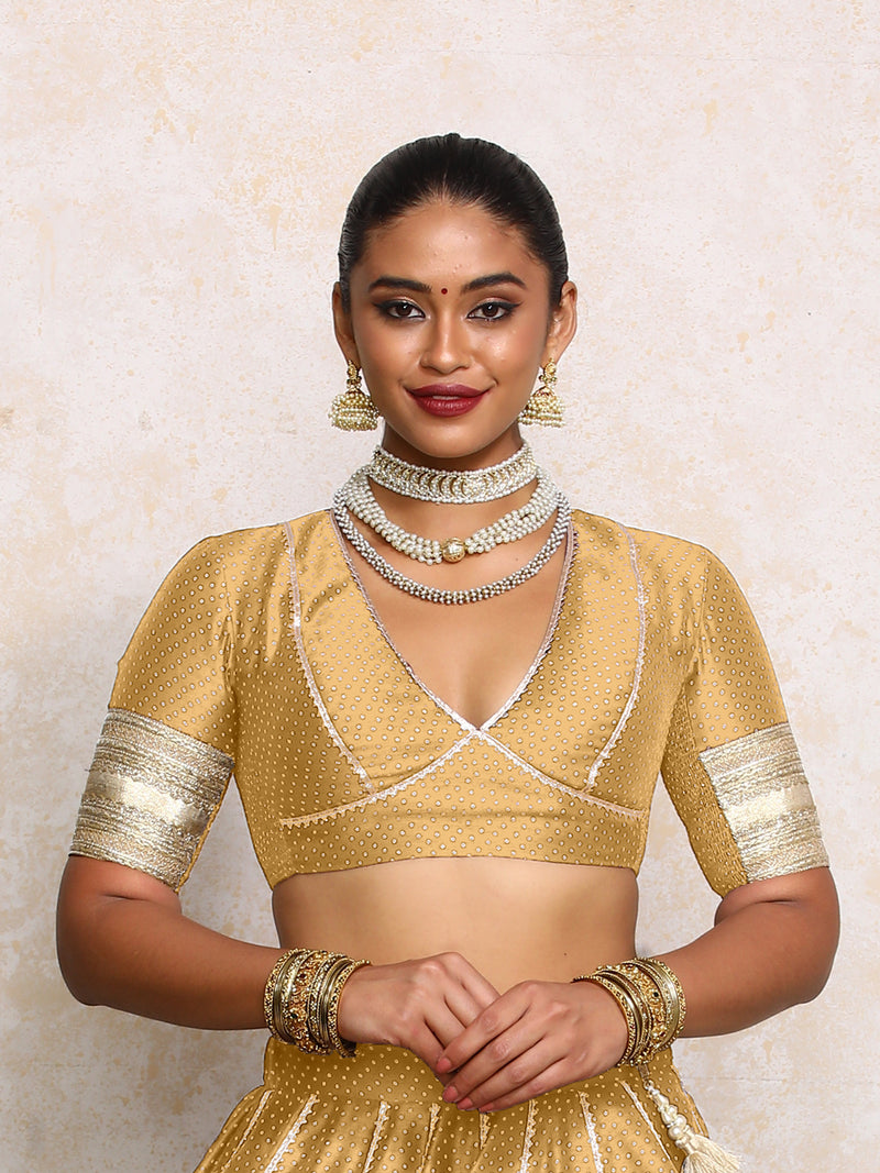 Elira x Tyohaar | Elbow Sleeves Gold Foil Chandheri Saree Blouse-Binks