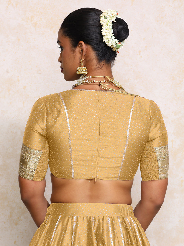 Elira x Tyohaar Saree Blouse, in Gold Chandheri, featuring elbow sleeves and v-neckline, made for party & festive (view 2).