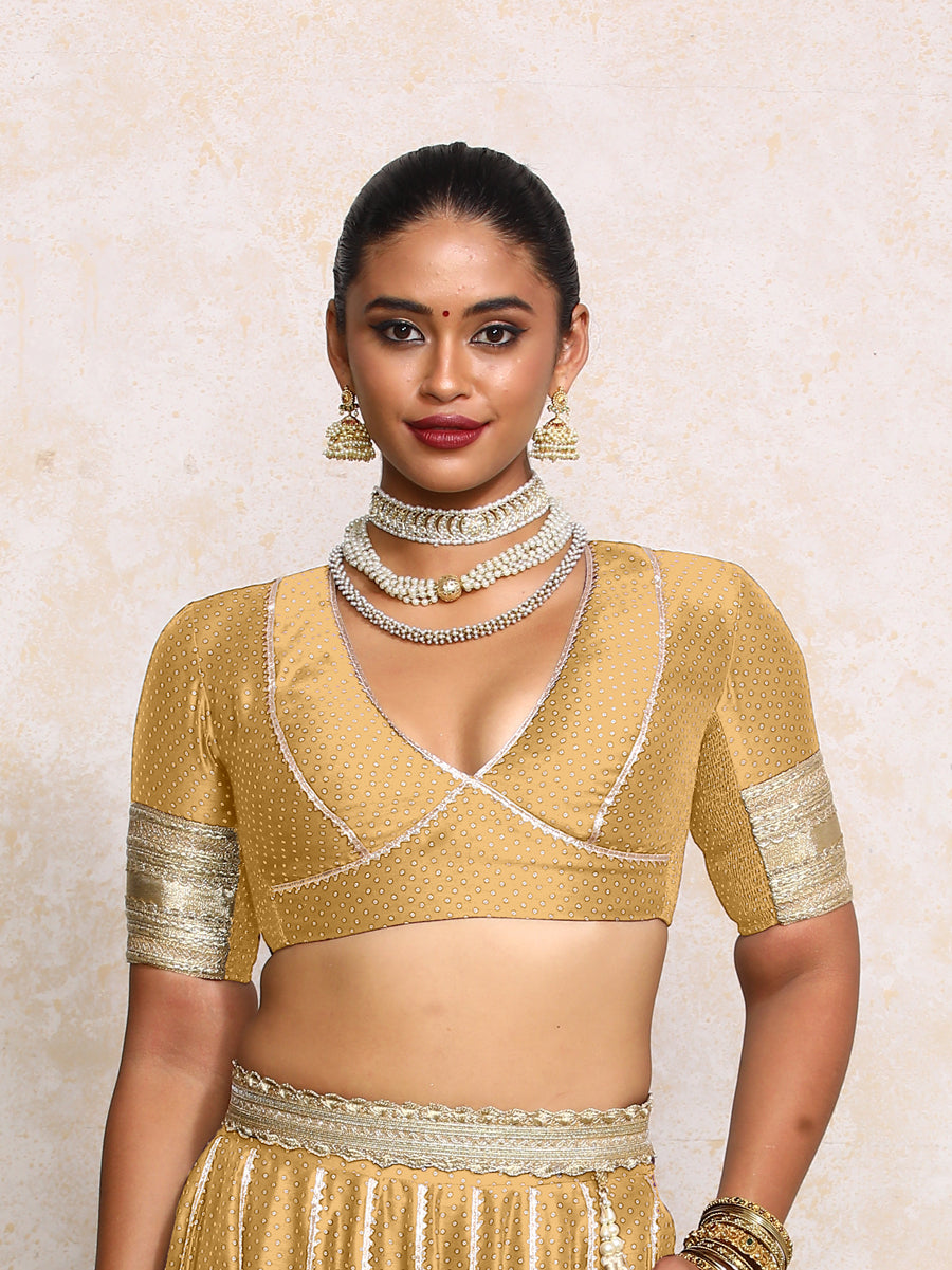 Elira x Tyohaar Saree Blouse, in Gold Chandheri, featuring elbow sleeves and v-neckline, made for party & festive (view 5).