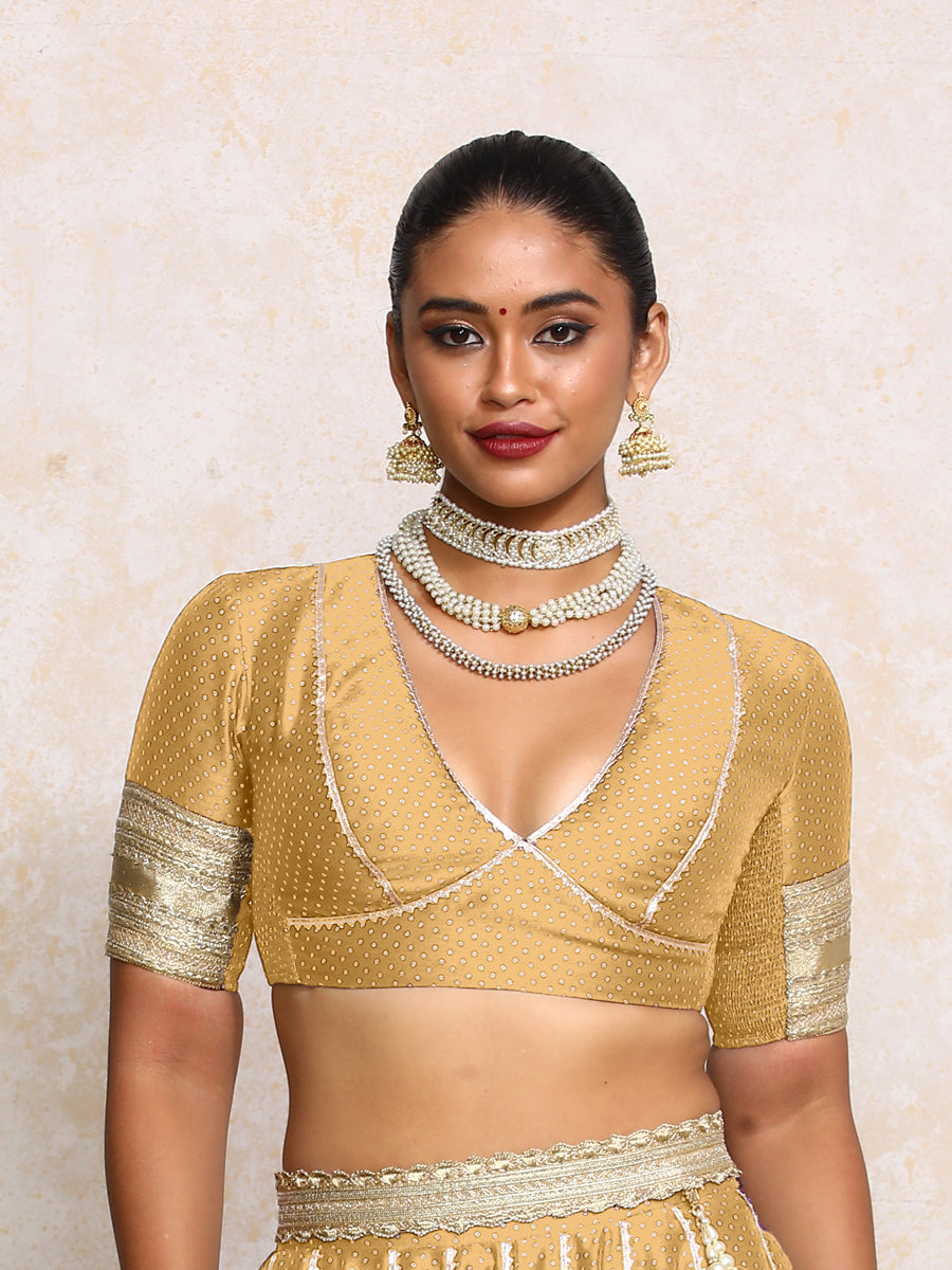 Elira x Tyohaar Saree Blouse, in Gold Chandheri, featuring elbow sleeves and v-neckline, made for party & festive (view 6).