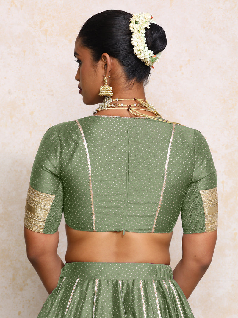 Elira x Tyohaar | Elbow Sleeves Green Foil Chandheri Saree Blouse-Binks