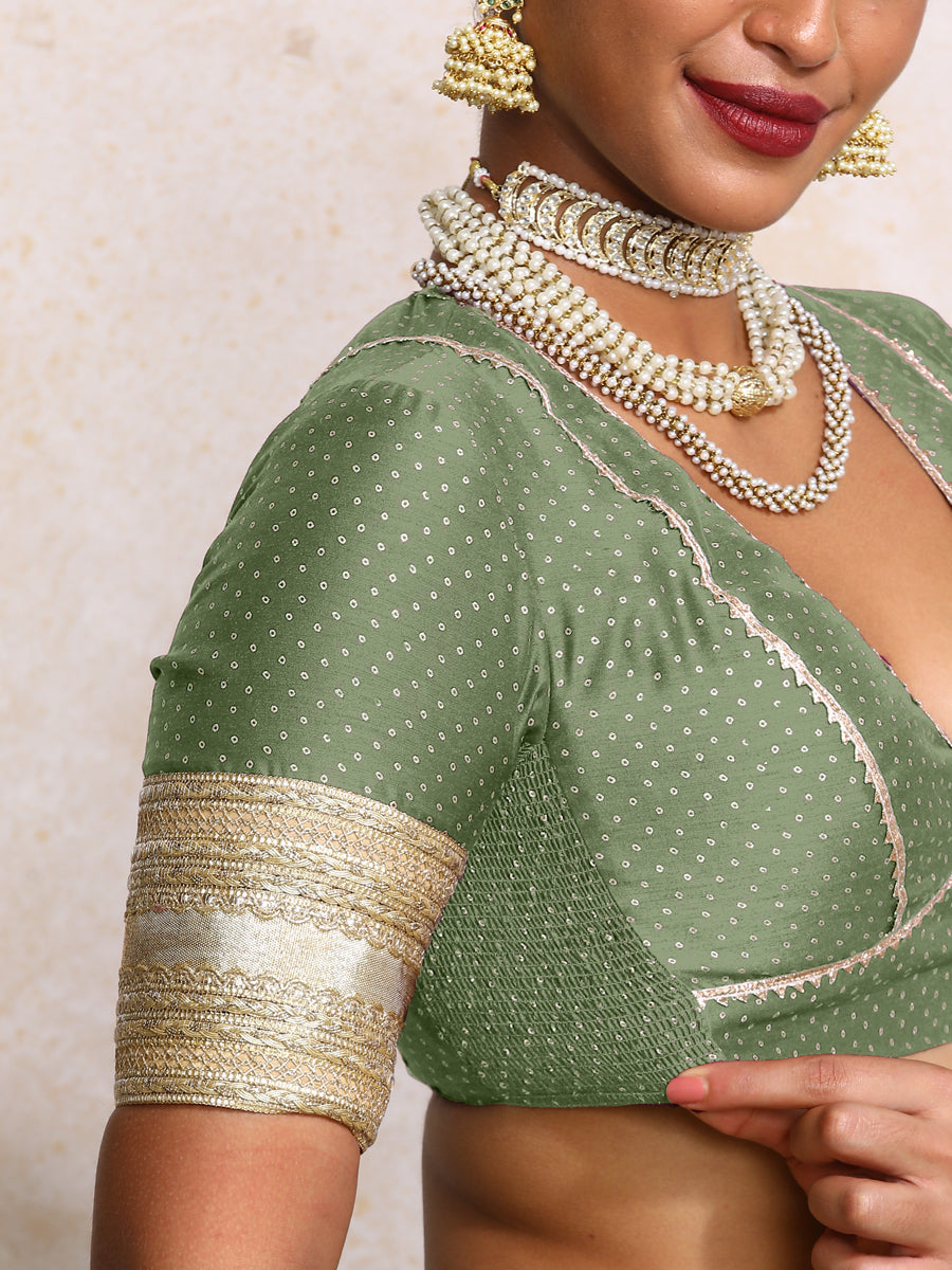 Elira x Tyohaar Saree Blouse, in Green Chandheri, featuring elbow sleeves and v-neckline, made for party & festive (view 3).