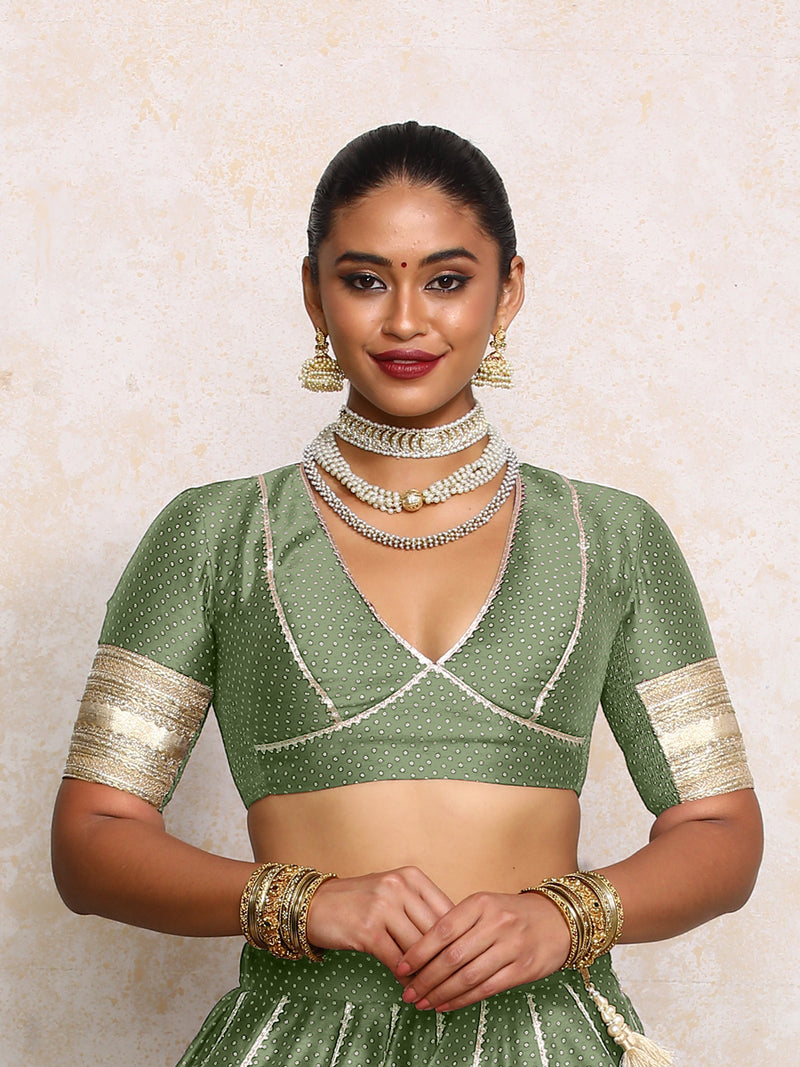Elira x Tyohaar | Elbow Sleeves Green Foil Chandheri Saree Blouse-Binks