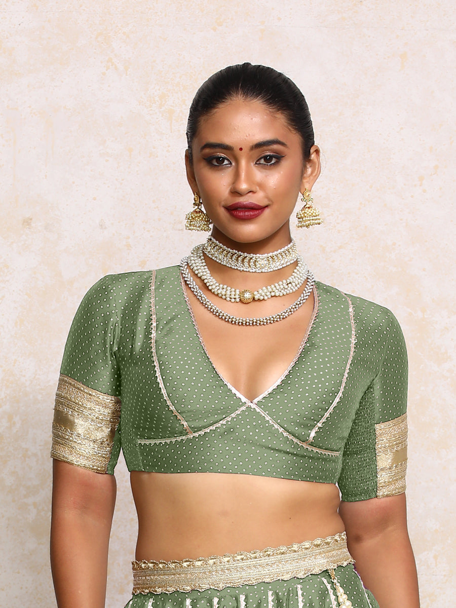 Elira x Tyohaar Saree Blouse, in Green Chandheri, featuring elbow sleeves and v-neckline, made for party & festive (view 6).