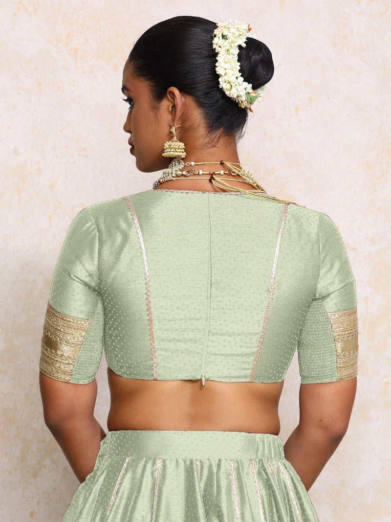 Elira x Tyohaar | Elbow Sleeves Light Green Foil Chandheri Saree Blouse-Binks