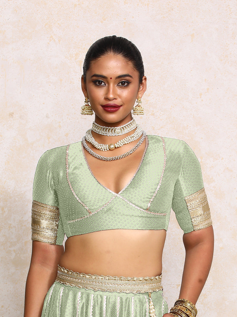 Elira x Tyohaar | Elbow Sleeves Light Green Foil Chandheri Saree Blouse-Binks
