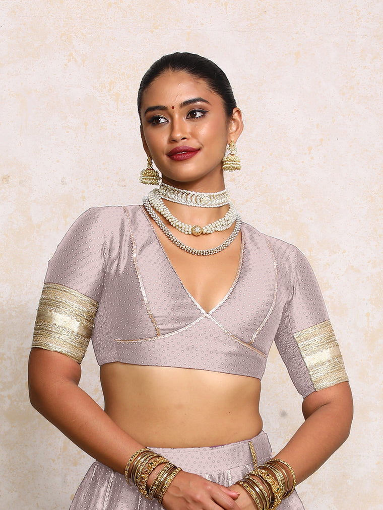 Elira x Tyohaar Saree Blouse, in Purple Chandheri, featuring elbow sleeves and v-neckline, made for party & festive.