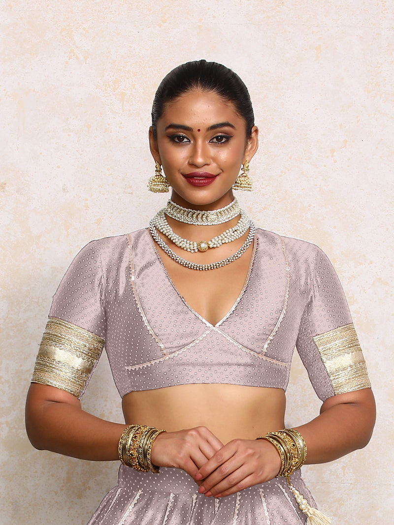 Elira x Tyohaar | Elbow Sleeves Lilac Foil Chandheri Saree Blouse-Binks