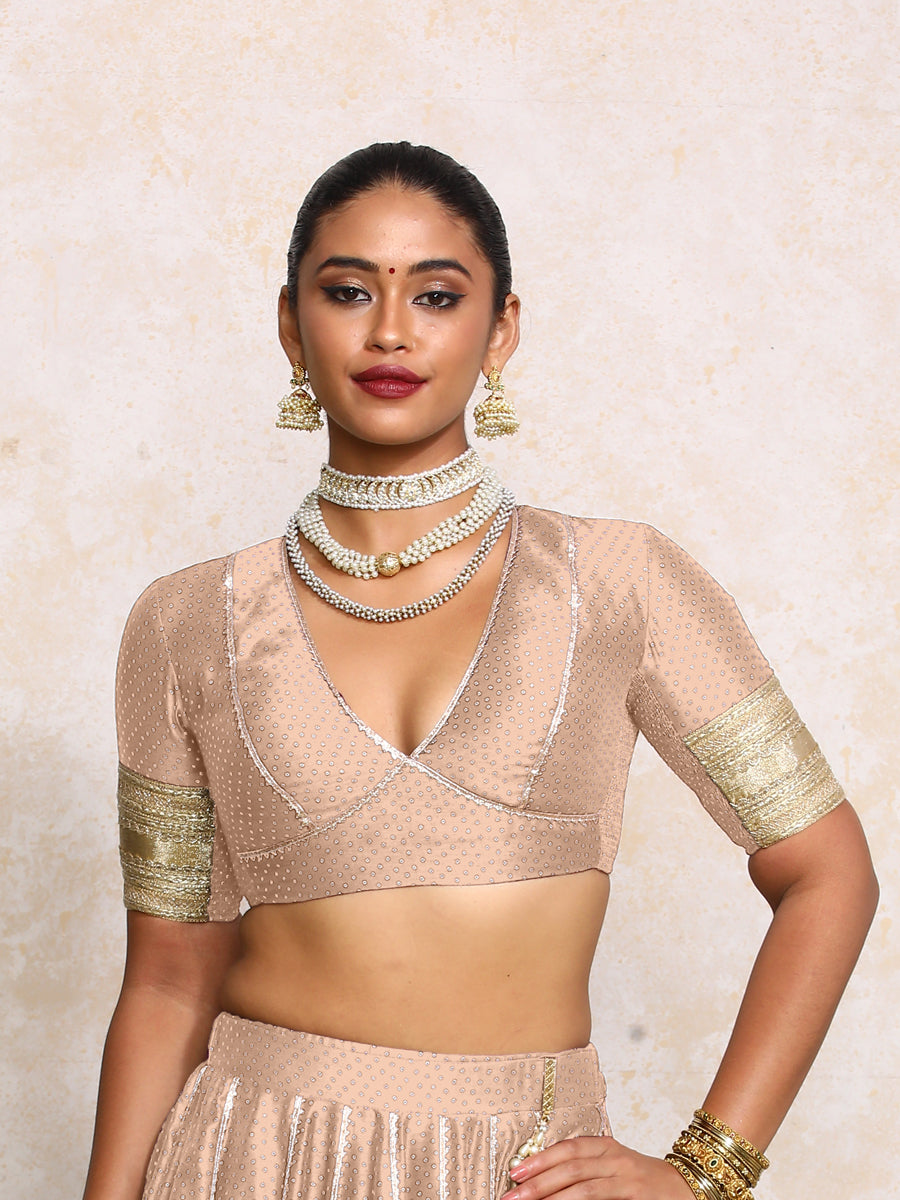 Elira x Tyohaar Saree Blouse, in Copper Chandheri, featuring elbow sleeves and v-neckline, made for party & festive (view 5).