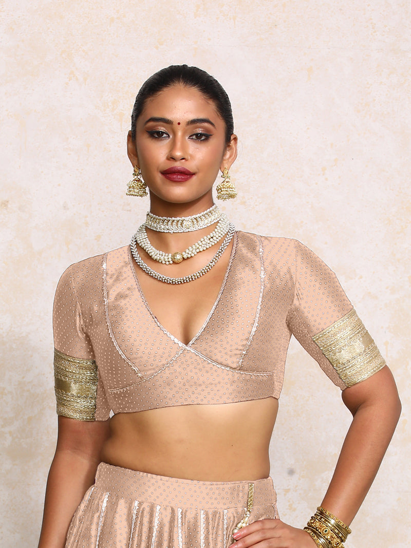 Elira x Tyohaar | Elbow Sleeves Muted Copper Foil Chandheri Saree Blouse-Binks