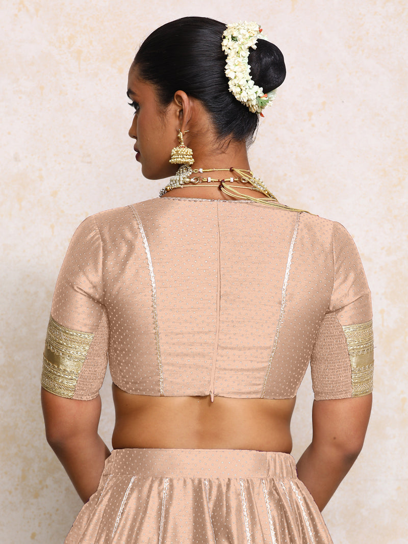Elira x Tyohaar | Elbow Sleeves Muted Copper Foil Chandheri Saree Blouse-Binks