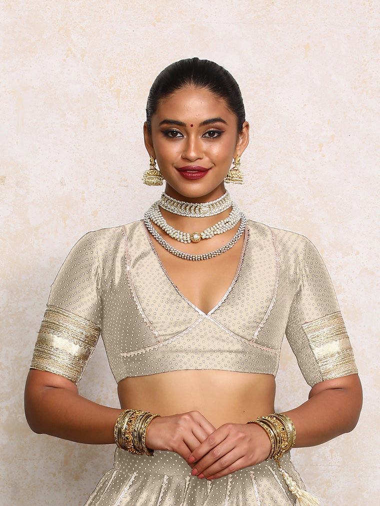Elira x Tyohaar Saree Blouse, in Grey Chandheri, featuring elbow sleeves and v-neckline, made for party & festive.