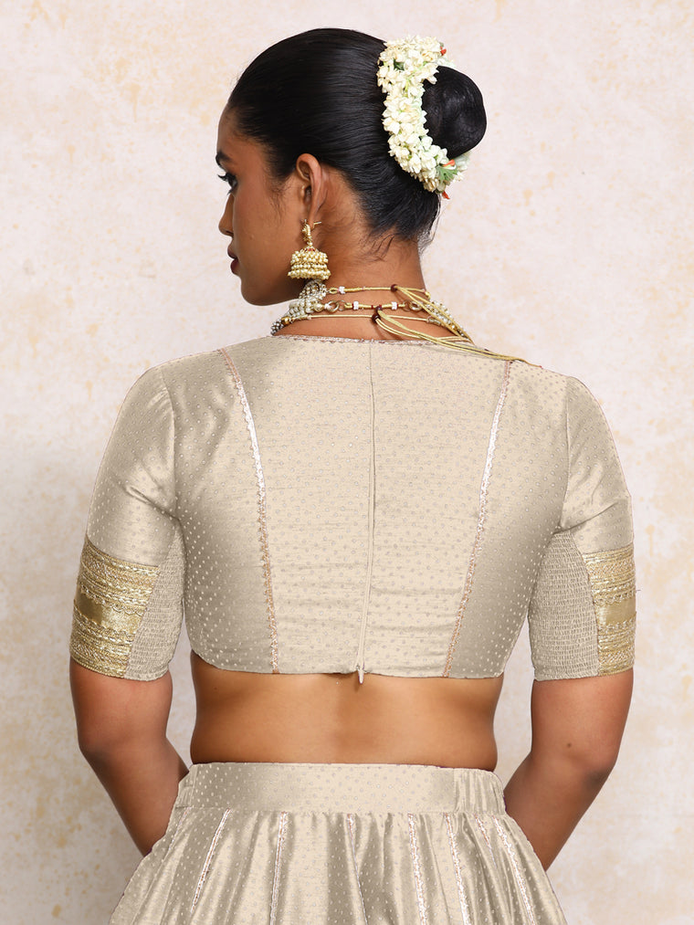 Elira x Tyohaar Saree Blouse, in Grey Chandheri, featuring elbow sleeves and v-neckline, made for party & festive (view 2).