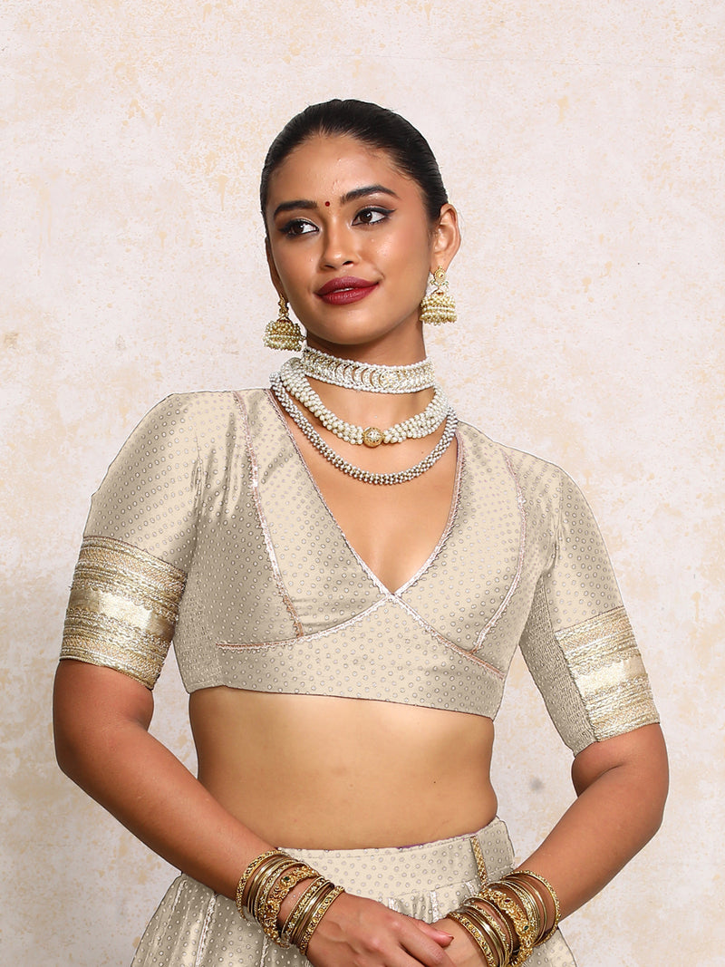 Elira x Tyohaar | Elbow Sleeves Oyster Grey Foil Chandheri Saree Blouse-Binks