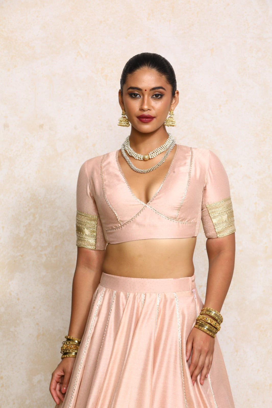 Elira x Tyohaar Saree Blouse, in Pink Chandheri, featuring elbow sleeves and v-neckline, made for party & festive.