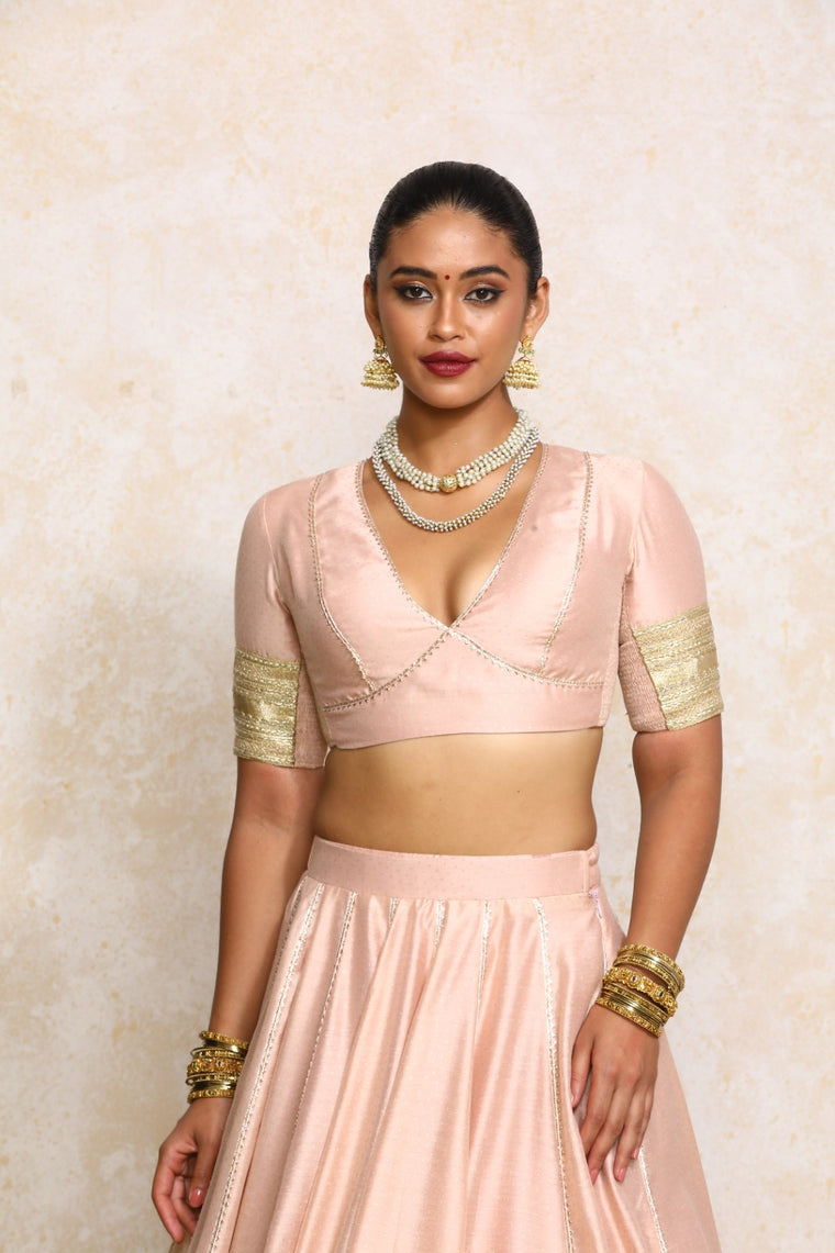 Elira x Tyohaar Saree Blouse, in Pink Chandheri, featuring elbow sleeves and v-neckline, made for party & festive.