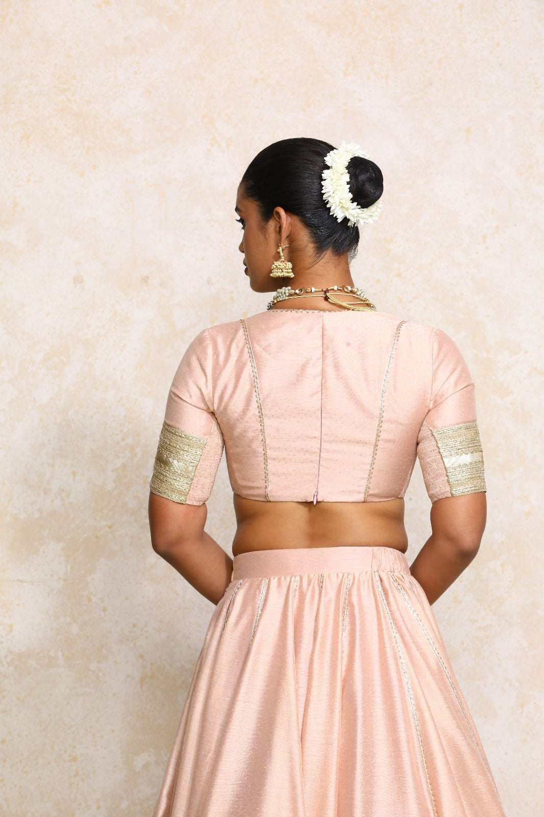 Elira x Tyohaar Saree Blouse, in Pink Chandheri, featuring elbow sleeves and v-neckline, made for party & festive (view 2).