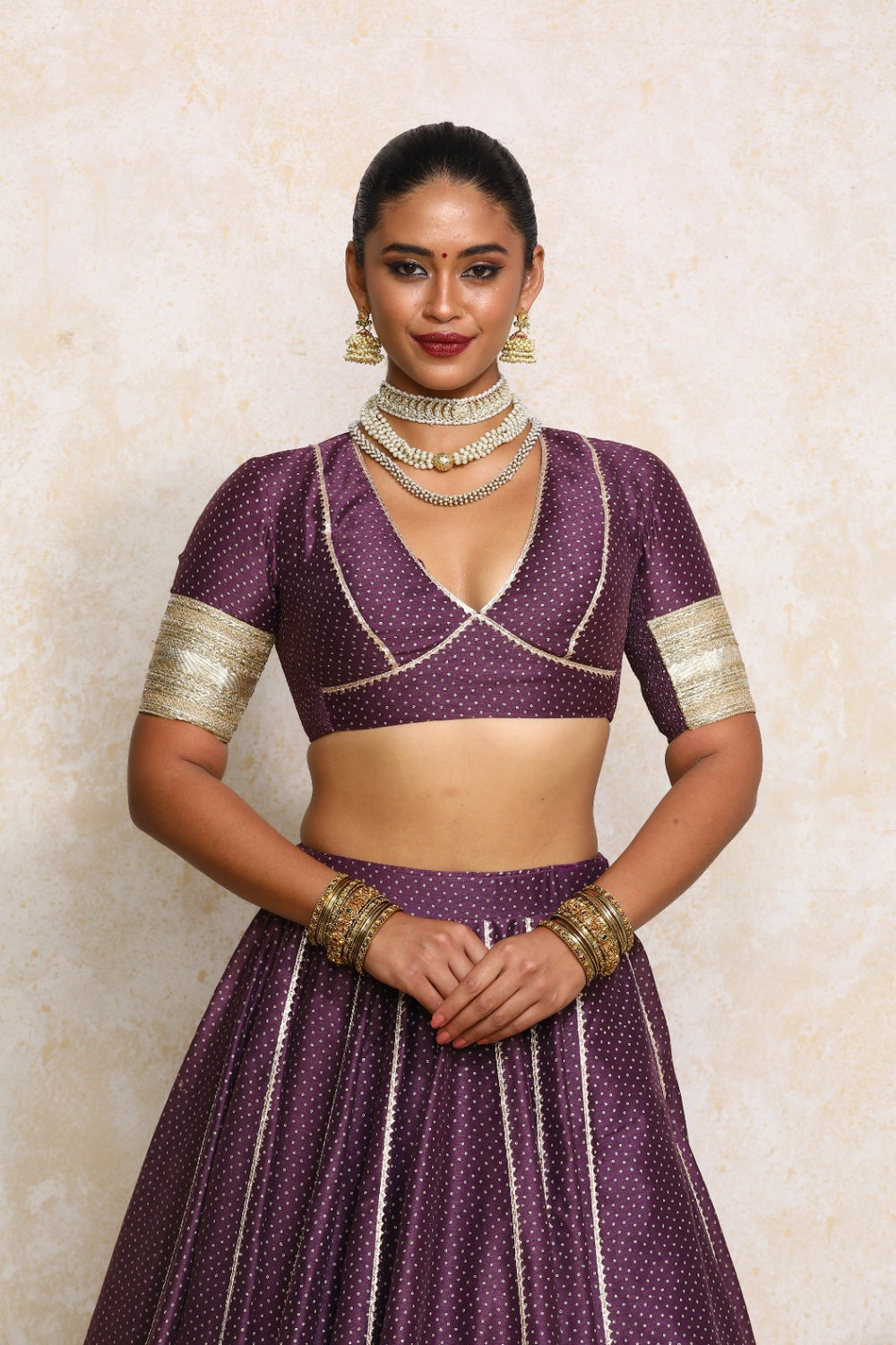 Elira x Tyohaar | Elbow Sleeves Purple Foil Chandheri Saree Blouse