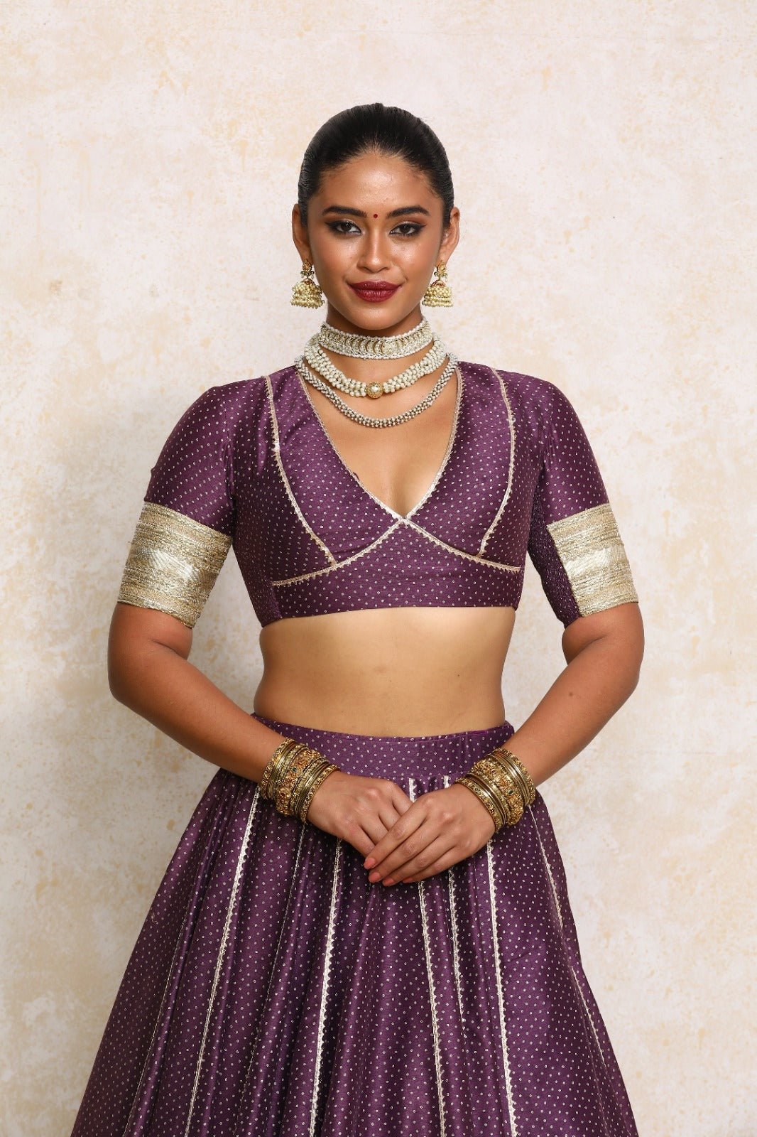 Elira x Tyohaar Saree Blouse, in Purple Chandheri, featuring elbow sleeves and v-neckline, made for party & festive.