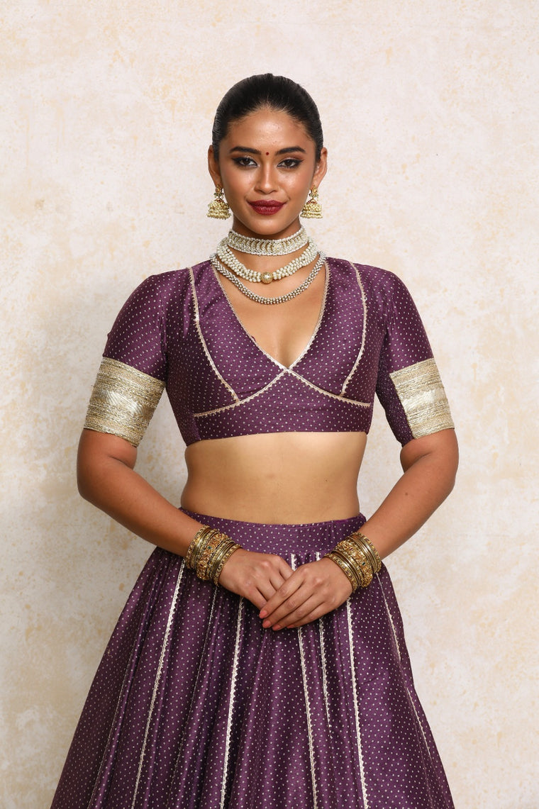 Elira x Tyohaar Saree Blouse, in Purple Chandheri, featuring elbow sleeves and v-neckline, made for party & festive.
