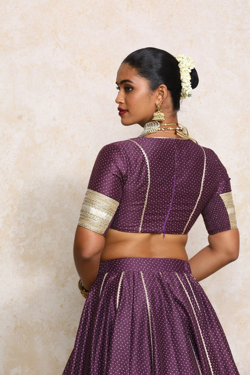Elira x Tyohaar | Elbow Sleeves Purple Foil Chandheri Saree Blouse-Binks
