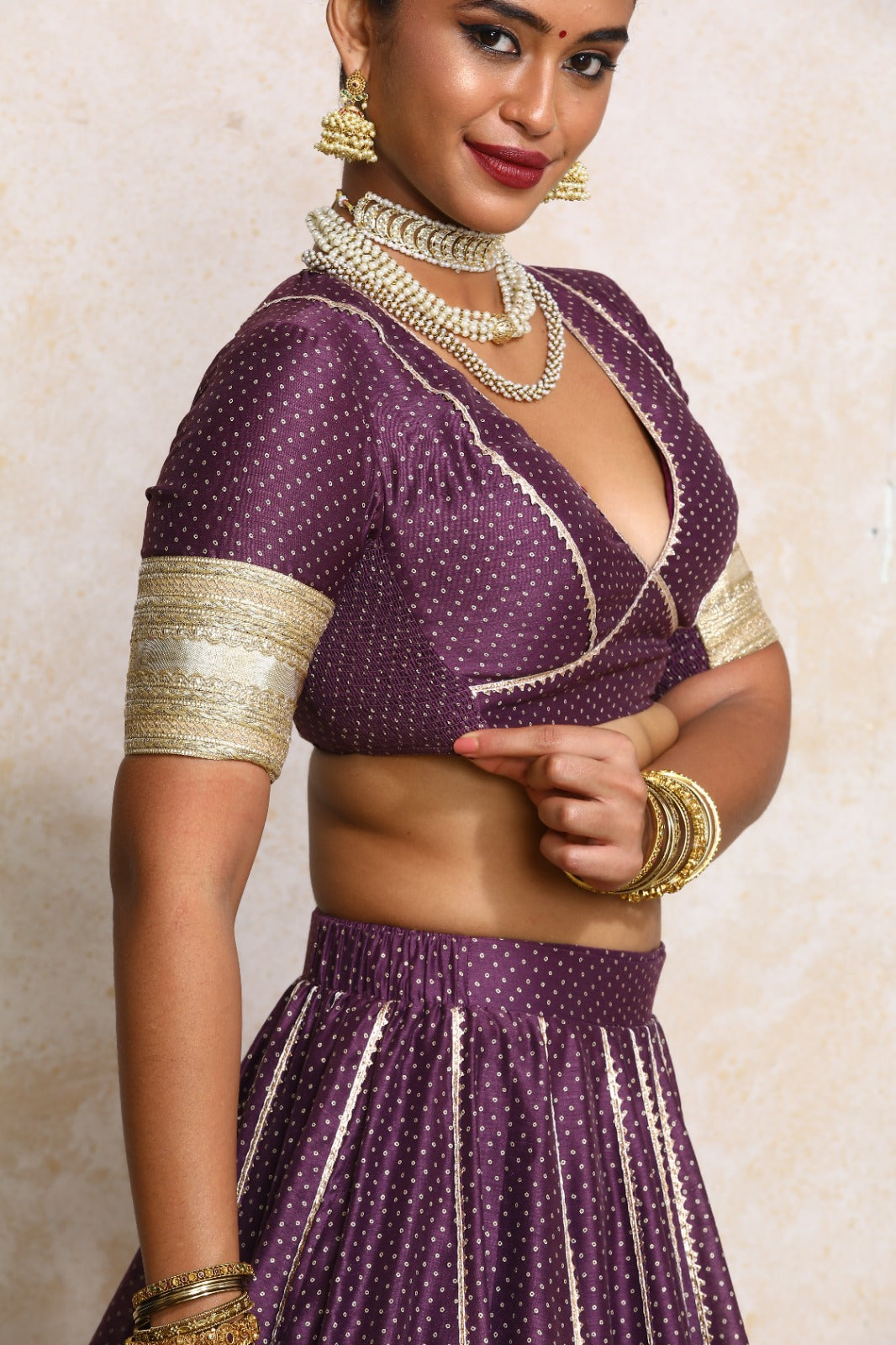 Elira x Tyohaar Saree Blouse, in Purple Chandheri, featuring elbow sleeves and v-neckline, made for party & festive (view 3).