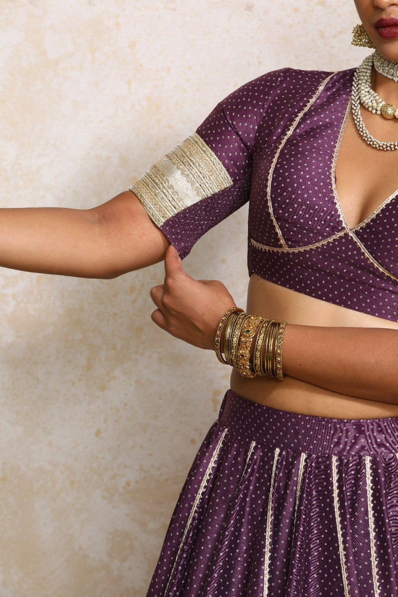 Elira x Tyohaar | Elbow Sleeves Purple Foil Chandheri Saree Blouse-Binks