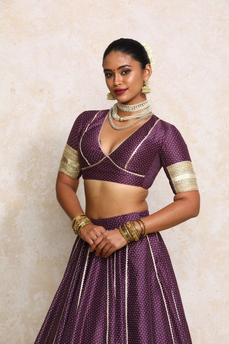 Elira x Tyohaar | Elbow Sleeves Purple Foil Chandheri Saree Blouse-Binks