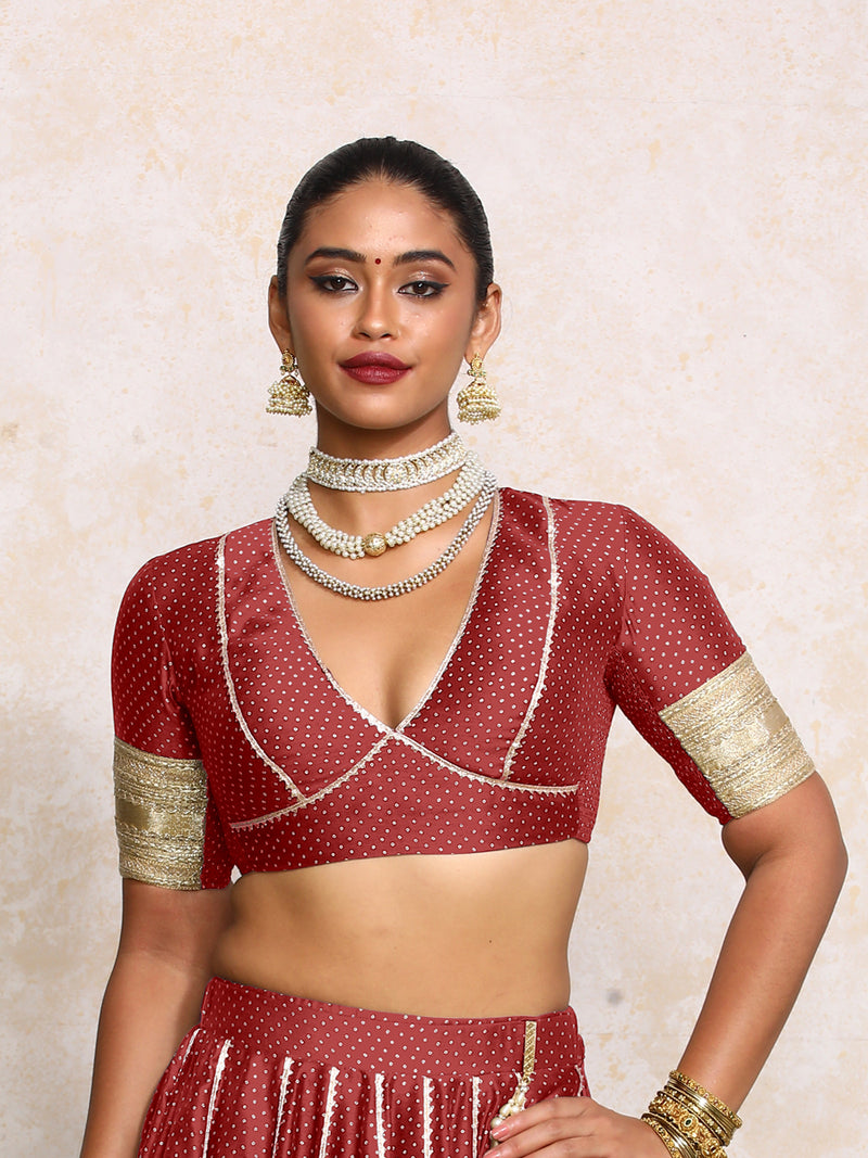 Elira x Tyohaar | Elbow Sleeves Red Foil Chandheri Saree Blouse-Binks