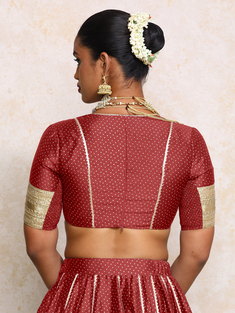 Elira x Tyohaar Saree Blouse, in Red Chandheri, featuring elbow sleeves and v-neckline, made for party & festive (view 2).