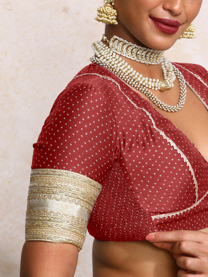 Elira x Tyohaar | Elbow Sleeves Red Foil Chandheri Saree Blouse-Binks